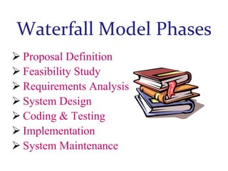 Waterfall Model Phases
 Proposal Definition
 Feasibility Study
 Requirements Analysis
 System Design
 Coding & Testing
 Implementation
 System Maintenance

 