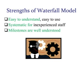 Strengths of Waterfall Model
Easy to understand, easy to use
Systematic for inexperienced staff
Milestones are well understood

 