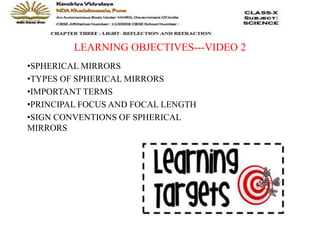 LEARNING OBJECTIVES---VIDEO 2
•SPHERICAL MIRRORS
•TYPES OF SPHERICAL MIRRORS
•IMPORTANT TERMS
•PRINCIPAL FOCUS AND FOCAL LENGTH
•SIGN CONVENTIONS OF SPHERICAL
MIRRORS
 