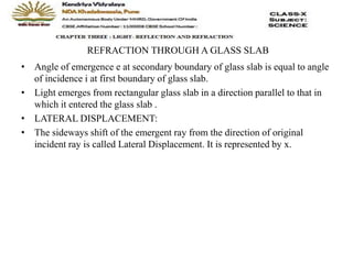 REFRACTION THROUGH A GLASS SLAB
• Angle of emergence e at secondary boundary of glass slab is equal to angle
of incidence i at first boundary of glass slab.
• Light emerges from rectangular glass slab in a direction parallel to that in
which it entered the glass slab .
• LATERAL DISPLACEMENT:
• The sideways shift of the emergent ray from the direction of original
incident ray is called Lateral Displacement. It is represented by x.
 