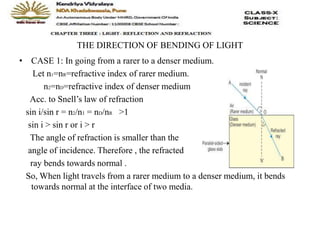 THE DIRECTION OF BENDING OF LIGHT
• CASE 1: In going from a rarer to a denser medium.
Let n1=nR=refractive index of rarer medium.
n2=nD=refractive index of denser medium
Acc. to Snell’s law of refraction
sin i/sin r = n2/n1 = nD/nR >1
sin i > sin r or i > r
The angle of refraction is smaller than the
angle of incidence. Therefore , the refracted
ray bends towards normal .
So, When light travels from a rarer medium to a denser medium, it bends
towards normal at the interface of two media.
 