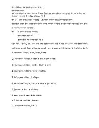 किया –द्धिशेर्ण और सांबांधबोधि अव्यय में अांतर-
सांबांधबोधि अव्यय-
जब इनिा प्रयोग सांज्ञा अथिा सिषनाम िे साथ िोता िै तब ये सांबांधबोधि अव्यय िोते िैं और जब ये किया िी
द्धिशेर्ता प्रिट िरते िैं तब किया –द्धिशेर्ण िोते िैं।
जैसे- (1) अांदर जाओ। (किया –द्धिशेर्ण) (2) दुिान िे भीतर जाओ। (सांबांधबोधि अव्यय)
सांबांधबोधि अव्यय- द्धजन अव्यय शब्दों से सांज्ञा अथिा सिषनाम िा िाक्य िे दूसरे शब्दों िे साथ सांबांध जाना जाता
िै, सांबांधबोधि अव्यय ििलाते िैं ।
जैसे- 1. उसिा साथ छोड़ दीिजए ।
2.मेरे सामने से िट जा।
3.लाल किले पर द्धतरांगा लिरा रिा िै।
इनमें ‘साथ’, ‘सामने’, ‘पर’, ‘ति’ शब्द सांज्ञा अथिा सिषनाम शब्दों िे साथ आिर उनिा सांबांध किया िे दूसरे
शब्दों िे साथ बता रिे िैं ।अतः सांबांधबोधि अव्यय िैं । अतः िे अनुसार सांबांधबोधि अव्यय िे द्धनम्नद्धलद्धित भेद िैं-
1. िालिाचि - िे पिले, िे बाद, िे आगे, िे पीछे।
2. स्थानिाचि - िे बािर, िे भीतर, िे बीच, िे ऊपर, िे नीचे।
3. कदशािाचि - िे द्धनिट , िे समीप, िी ओर, िे सामने।
4. साधनिाचि - िे द्धनद्धमत्त , िे द्वारा , िे जररये ।
5. द्धिरोधसूचि- िे द्धिरुि , िे प्रद्धतिूल।
6. समतासूचि- िे अनुसार, िे सदृश, िे समान, िे तुल्य, िी तरि।
7. िेतुिाचि- िे द्धसिा , िे अद्धतररक्त ।
8. सहचरसूचक- के सिेत, के संग, के साि।
9. ववषयवाचक - के ववषय , के बाबत।
10. संग्रहवाचक- के सिेत, के भर ।
 