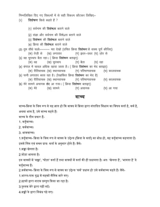 fuEufyf[kr fn, x, fodYiksa esa ls lgh fodYi Nk¡Vdj fyf[k,&
¼1½ वविेषर् fdls dgrs gSa 
¼1½ loZuke dh वविेषता crkus okys
¼2½ laKk vkSj loZuke dh fo’ksárk crkus okys
¼3½ वविेषर् dh वविेषता crkus okys
¼4½ fØ;k dh वविेषता crkus okys
(2) rqe lh/ks pyks&&&&& er ns[kks ¼mfpr fØ;k वविेषर् ls okD; iw.kZ dhft,½
¼d½ rst+h ls ¼[k½ yxkrkj ¼x½ b/kj&m/kj ¼?k½ t+ksj ls
¼3½ og pqipki cSBk jgkA ¼ fØ;k वविेषर् crkb,½
¼d½ og ¼[k½ pqipki ¼x½ cSBk ¼?k½ jgk
¼4½ caxky esa pkoy vf/kd [kk;k tkrk gSA ¼ fØ;k वविेषर् dk Hksn crkb,½
¼d½ jhfrokpd ¼[k½ LFkkuokpd ¼x½ ifjek.kokpd ¼?k½ dkyokpd
¼5½ ikuh yxkrkj cjl jgk gSA ¼js[kkafdr fØ;k वविेषर् dk Hksn gS½
¼d½ jhfrokpd ¼[k½ LFkkuokpd ¼x½ ifjek.kokpd ¼?k½ dkyokpd
¼6½ esjs lkeus vpkud िेर vk x;kA ¼ fØ;k वविेषर् crkb,½
¼d½ esjs ¼[k½ lkeus ¼x½ vpkud ¼?k½ vk x;k
िाच्य
िाच्य-किया िे द्धजस रूप से यि ज्ञात िो कि िाक्य में किया द्वारा सांपाकदत द्धिधान िा द्धिर्य िताष िै, िमष िै,
अथिा भाि िै, उसे िाच्य ििते िैं।
िाच्य िे तीन प्रिार िैं-
1. ितृषिाच्य।
2. िमषिाच्य।
3. भाििाच्य।
1.ितृषिाच्य- किया िे द्धजस रूप से िाक्य िे उद्देश्य (किया िे िताष) िा बोध िो, िि ितृषिाच्य ििलाता िै।
इसमें ललग एिां िचन प्रायः िताष िे अनुसार िोते िैं। जैसे-
1.बच्चा िेलता िै।
2.घोड़ा भागता िै।
इन िाक्यों में ‘बच्चा’, ‘घोड़ा’ िताष िैं तथा िाक्यों में िताष िी िी प्रधानता िै। अतः ‘िेलता िै’, ‘भागता िै’ ये
ितृषिाच्य िैं।
2.िमषिाच्य- किया िे द्धजस रूप से िाक्य िा उद्देश्य ‘िमष’ प्रधान िो उसे िमषिाच्य ििते िैं। जैसे-
1.भारत-पाि युि में सिस्रों सैद्धनि मारे गए।
2.छात्रों द्वारा नाटि प्रस्तुत किया जा रिा िै।
3.पुस्ति मेरे द्वारा पढी गई।
4.बच्चों िे द्वारा द्धनबांध पढे गए।
 