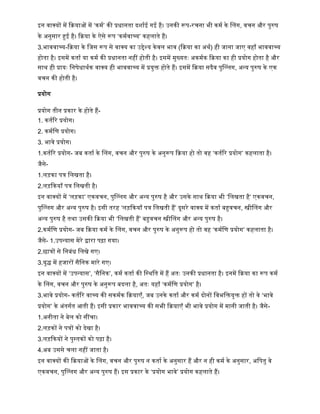 इन िाक्यों में कियाओं में ‘िमष’ िी प्रधानता दशाषई गई िै। उनिी रूप-रचना भी िमष िे ललग, िचन और पुरुर्
िे अनुसार हुई िै। किया िे ऐसे रूप ‘िमषिाच्य’ ििलाते िैं।
3.भाििाच्य-किया िे द्धजस रूप से िाक्य िा उद्देश्य िेिल भाि (किया िा अथष) िी जाना जाए ििााँ भाििाच्य
िोता िै। इसमें िताष या िमष िी प्रधानता निीं िोती िै। इसमें मुख्यतः अिमषि किया िा िी प्रयोग िोता िै और
साथ िी प्रायः द्धनर्ेधाथषि िाक्य िी भाििाच्य में प्रयुक्त िोते िैं। इसमें किया सदैि पुलल्लग, अन्य पुरुर् िे एि
िचन िी िोती िै।
प्रयोग
प्रयोग तीन प्रिार िे िोते िैं-
1. ितषरर प्रयोग।
2. िमषद्धण प्रयोग।
3. भािे प्रयोग।
1.ितषरर प्रयोग- जब िताष िे ललग, िचन और पुरुर् िे अनुरूप किया िो तो िि ‘ितषरर प्रयोग’ ििलाता िै।
जैसे-
1.लड़िा पत्र द्धलिता िै।
2.लड़कियााँ पत्र द्धलिती िै।
इन िाक्यों में ‘लड़िा’ एििचन, पुलल्लग और अन्य पुरुर् िै और उसिे साथ किया भी ‘द्धलिता िै’ एििचन,
पुलल्लग और अन्य पुरुर् िै। इसी तरि ‘लड़कियााँ पत्र द्धलिती िैं’ दूसरे िाक्य में िताष बहुिचन, स्त्रीललग और
अन्य पुरुर् िै तथा उसिी किया भी ‘द्धलिती िैं’ बहुिचन स्त्रीललग और अन्य पुरुर् िै।
2.िमषद्धण प्रयोग- जब किया िमष िे ललग, िचन और पुरुर् िे अनुरूप िो तो िि ‘िमषद्धण प्रयोग’ ििलाता िै।
जैसे- 1.उपन्यास मेरे द्वारा पढा गया।
2.छात्रों से द्धनबांध द्धलिे गए।
3.युि में िजारों सैद्धनि मारे गए।
इन िाक्यों में ‘उपन्यास’, ‘सैद्धनि’, िमष िताष िी द्धस्थद्धत में िैं अतः उनिी प्रधानता िै। इनमें किया िा रूप िमष
िे ललग, िचन और पुरुर् िे अनुरूप बदला िै, अतः यिााँ ‘िमषद्धण प्रयोग’ िै।
3.भािे प्रयोग- ितषरर िाच्य िी सिमषि कियाएाँ, जब उनिे िताष और िमष दोनों द्धिभद्धक्तयुक्त िों तो िे ‘भािे
प्रयोग’ िे अांतगषत आती िैं। इसी प्रिार भाििाच्य िी सभी कियाएाँ भी भािे प्रयोग में मानी जाती िै। जैसे-
1.अनीता ने बेल िो सींचा।
2.लड़िों ने पत्रों िो देिा िै।
3.लड़कियों ने पुस्तिों िो पढा िै।
4.अब उससे चला निीं जाता िै।
इन िाक्यों िी कियाओं िे ललग, िचन और पुरुर् न िताष िे अनुसार िैं और न िी िमष िे अनुसार, अद्धपतु िे
एििचन, पुलल्लग और अन्य पुरुर् िैं। इस प्रिार िे ‘प्रयोग भािे’ प्रयोग ििलाते िैं।
 