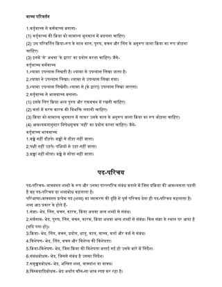 िाच्य पररितषन
1.ितृषिाच्य से िमषिाच्य बनाना-
(1) ितृषिाच्य िी किया िो सामान्य भूतिाल में बदलना चाद्धिए।
(2) उस पररिर्ततत किया-रूप िे साथ िाल, पुरुर्, िचन और ललग िे अनुरूप जाना किया िा रूप जोड़ना
चाद्धिए।
(3) इनमें ‘से’ अथिा ‘िे द्वारा’ िा प्रयोग िरना चाद्धिए। जैसे-
ितृषिाच्य िमषिाच्य
1.श्यामा उपन्यास द्धलिती िै। श्यामा से उपन्यास द्धलिा जाता िै।
2.श्यामा ने उपन्यास द्धलिा। श्यामा से उपन्यास द्धलिा गया।
3.श्यामा उपन्यास द्धलिेगी। श्यामा से (िे द्वारा) उपन्यास द्धलिा जाएगा।
2.ितृषिाच्य से भाििाच्य बनाना-
(1) इसिे द्धलए किया अन्य पुरुर् और एििचन में रिनी चाद्धिए।
(2) िताष में िरण िारि िी द्धिभद्धक्त लगानी चाद्धिए।
(3) किया िो सामान्य भूतिाल में लािर उसिे िाल िे अनुरूप जाना किया िा रूप जोड़ना चाद्धिए।
(4) आिश्यितानुसार द्धनर्ेधसूचि ‘निीं’ िा प्रयोग िरना चाद्धिए। जैसे-
ितृषिाच्य भाििाच्य
1.बच्चे निीं दौड़ते। बच्चों से दौड़ा निीं जाता।
2.पक्षी निीं उड़ते। पद्धक्षयों से उड़ा निीं जाता।
3.बच्चा निीं सोया। बच्चे से सोया निीं जाता।
पद-पररचय
पद-पररचय- िाक्यगत शब्दों िे रूप और उनिा पारस्पररि सांबांध बताने में द्धजस प्रकिया िी आिश्यिता पड़ती
िै िि पद-पररचय या शब्दबोध ििलाता िै।
पररभार्ा-िाक्यगत प्रत्येि पद (शब्द) िा व्यािरण िी दृद्धष्ट से पूणष पररचय देना िी पद-पररचय ििलाता िै।
शब्द आठ प्रिार िे िोते िैं-
1.सांज्ञा- भेद, ललग, िचन, िारि, किया अथिा अन्य शब्दों से सांबांध।
2.सिषनाम- भेद, पुरुर्, ललग, िचन, िारि, किया अथिा अन्य शब्दों से सांबांध। किस सांज्ञा िे स्थान पर आया िै
(यकद पता िो)।
3.किया- भेद, ललग, िचन, प्रयोग, धातु, िाल, िाच्य, िताष और िमष से सांबांध।
4.द्धिशेर्ण- भेद, ललग, िचन और द्धिशेष्य िी द्धिशेर्ता।
5.किया-द्धिशेर्ण- भेद, द्धजस किया िी द्धिशेर्ता बताई गई िो उसिे बारे में द्धनदेश।
6.सांबांधबोधि- भेद, द्धजससे सांबांध िै उसिा द्धनदेश।
7.समुच्चयबोधि- भेद, अद्धन्ित शब्द, िाक्याांश या िाक्य।
8.द्धिस्मयाकदबोधि- भेद अथाषत िौन-सा भाि स्पष्ट िर रिा िै।
 