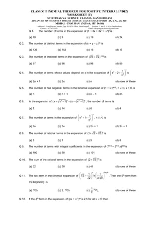 Class xi binomial theorem worksheet (t) | PDF