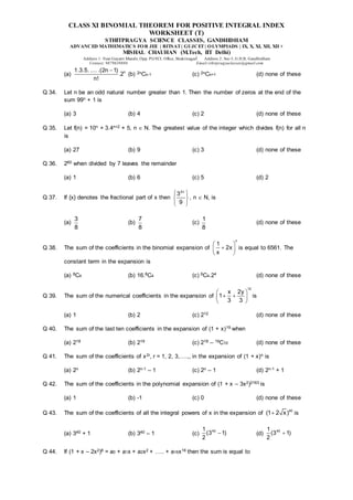 Class xi binomial theorem worksheet (t) | PDF
