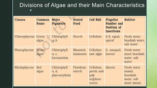 z
Divisions of Algae and their Main Characteristics
 