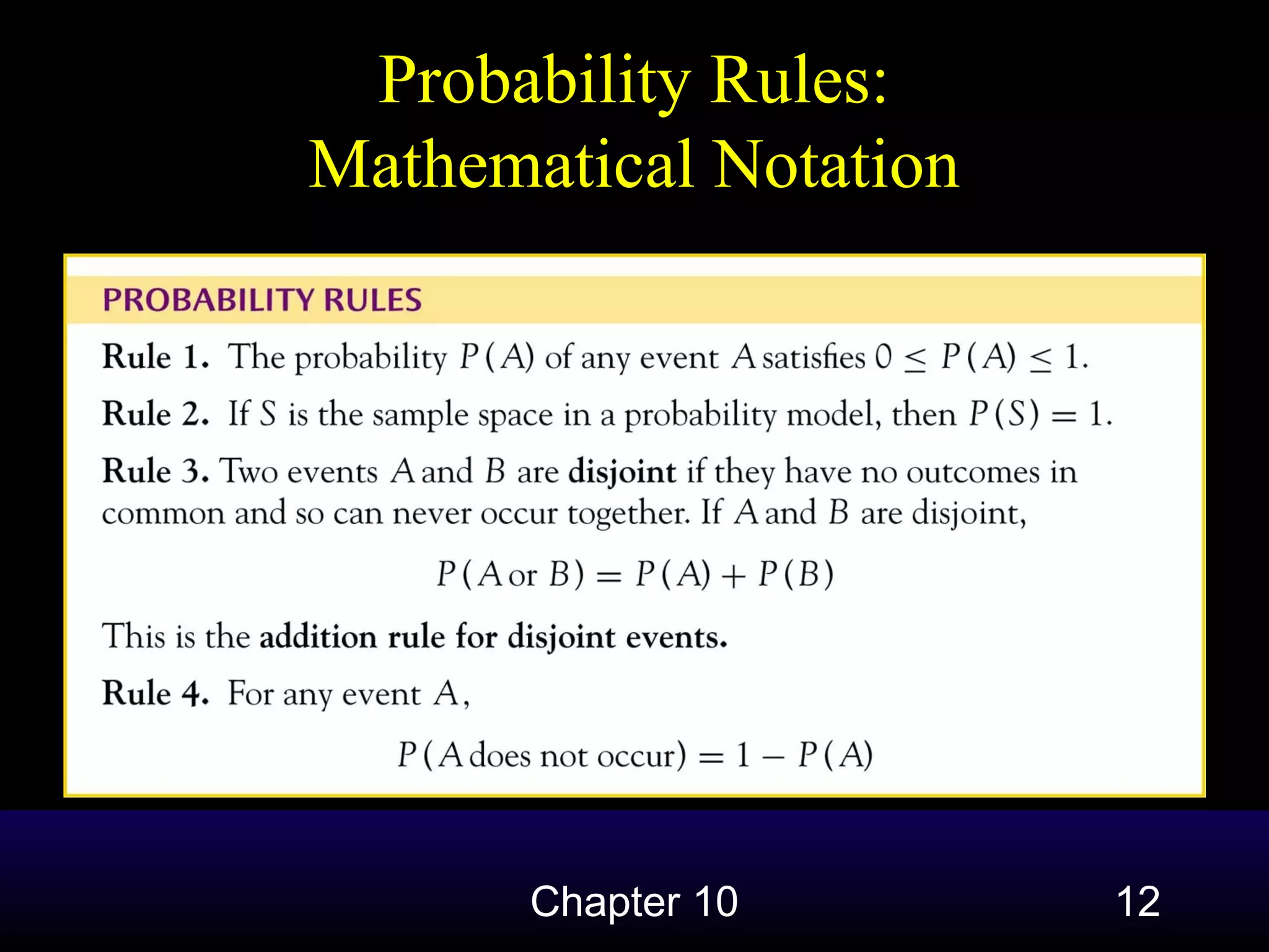Probability Rules:
Mathematical Notation

Chapter 10

12

 