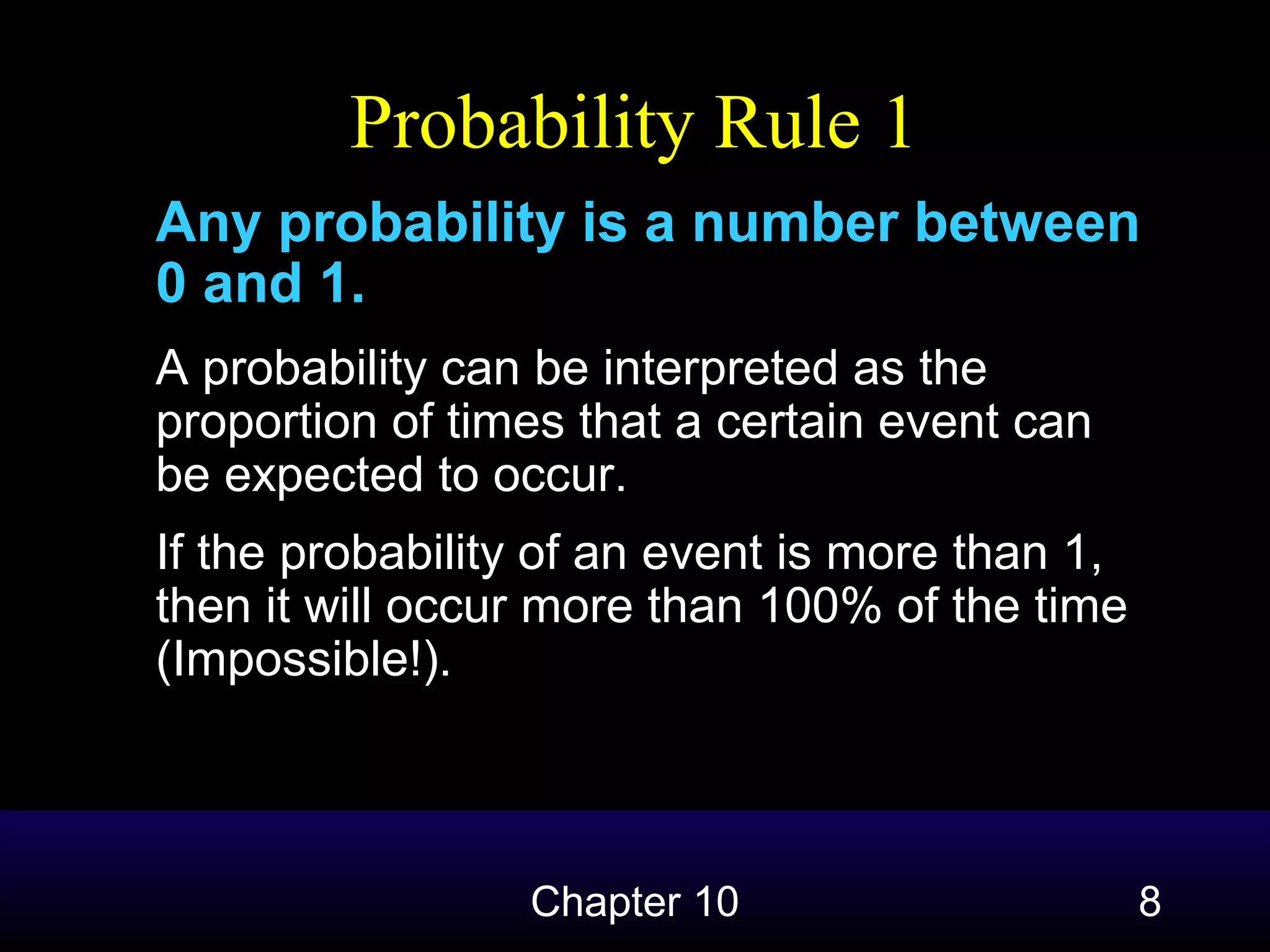 Probability Rule 1
Any probability is a number between
0 and 1.
A probability can be interpreted as the
proportion of times that a certain event can
be expected to occur.
If the probability of an event is more than 1,
then it will occur more than 100% of the time
(Impossible!).

Chapter 10

8

 