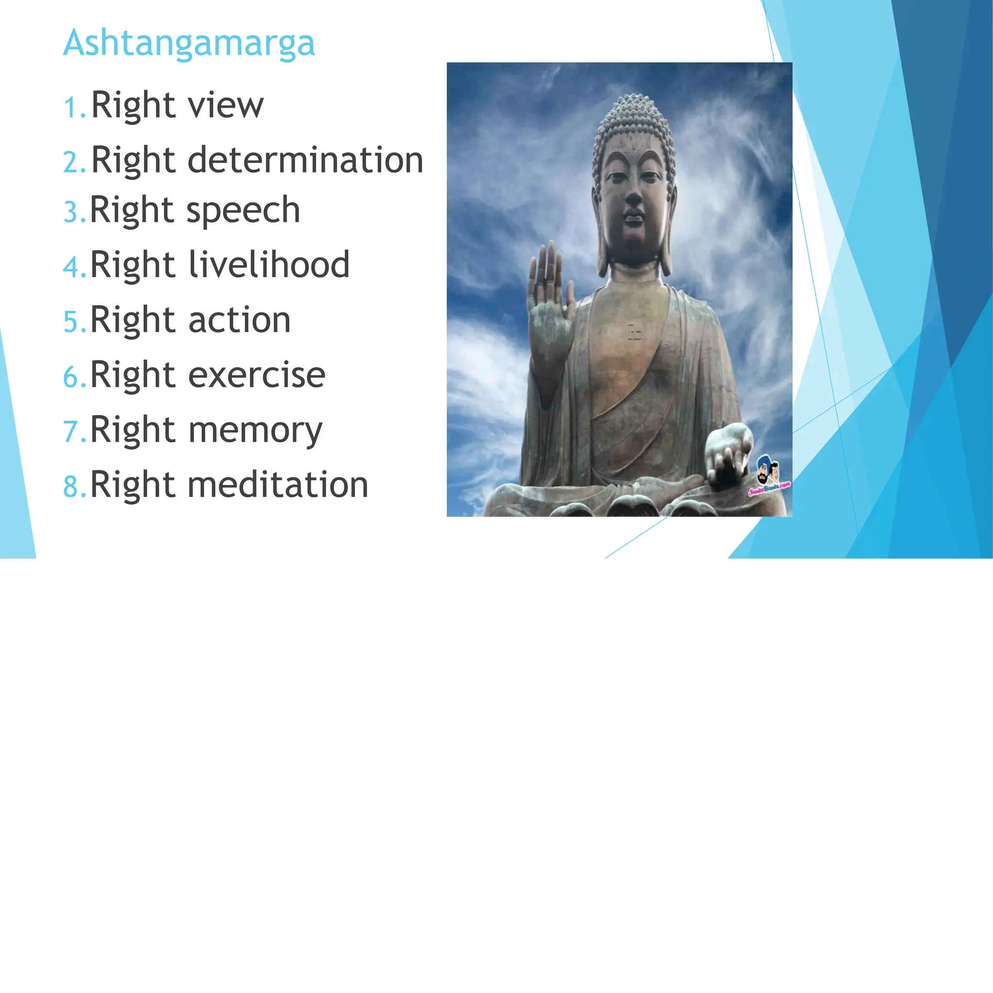 Ashtangamarga
1.Right view
2.Right determination
3.Right speech
4.Right livelihood
5.Right action
6.Right exercise
7.Right memory
8.Right meditation
 