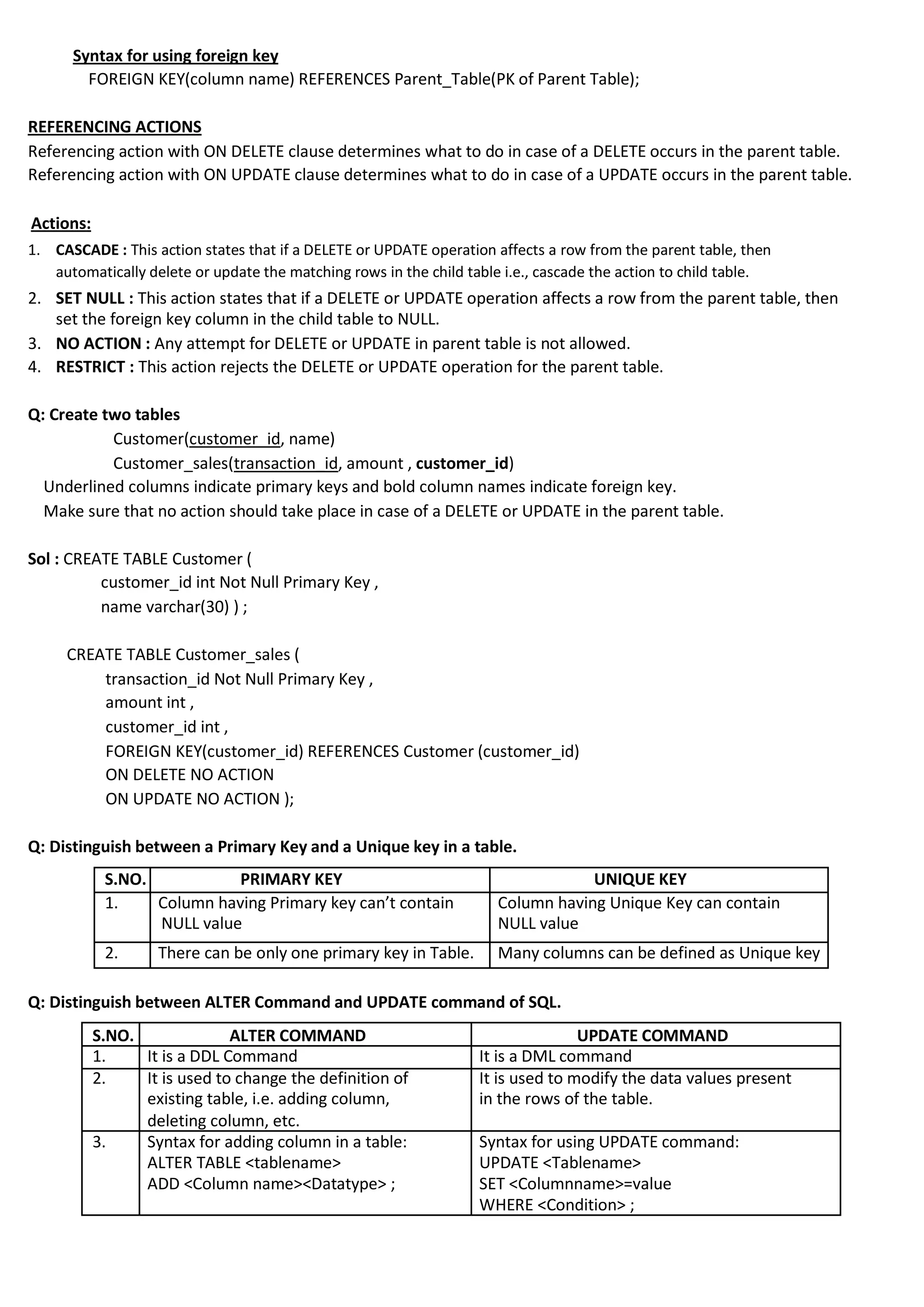 Syntax for using foreign key FOREIGN KEY(column name) REFERENCES Parent_Table(PK of Parent Table); REFERENCING ACTIONS Referencing action with ON DELETE clause determines what to do in case of a DELETE occurs in the parent table. Referencing action with ON UPDATE clause determines what to do in case of a UPDATE occurs in the parent table. Actions: 1. CASCADE : This action states that if a DELETE or UPDATE operation affects a row from the parent table, then automatically delete or update the matching rows in the child table i.e., cascade the action to child table. 2. SET NULL : This action states that if a DELETE or UPDATE operation affects a row from the parent table, then set the foreign key column in the child table to NULL. 3. NO ACTION : Any attempt for DELETE or UPDATE in parent table is not allowed. 4. RESTRICT : This action rejects the DELETE or UPDATE operation for the parent table. Q: Create two tables Customer(customer_id, name) Customer_sales(transaction_id, amount , customer_id) Underlined columns indicate primary keys and bold column names indicate foreign key. Make sure that no action should take place in case of a DELETE or UPDATE in the parent table. Sol : CREATE TABLE Customer ( customer_id int Not Null Primary Key , name varchar(30) ) ; CREATE TABLE Customer_sales ( transaction_id Not Null Primary Key , amount int , customer_id int , FOREIGN KEY(customer_id) REFERENCES Customer (customer_id) ON DELETE NO ACTION ON UPDATE NO ACTION ); Q: Distinguish between a Primary Key and a Unique key in a table. S.NO. PRIMARY KEY UNIQUE KEY 1. Column having Primary key can’t contain Column having Unique Key can contain NULL value NULL value 2. There can be only one primary key in Table. Many columns can be defined as Unique key Q: Distinguish between ALTER Command and UPDATE command of SQL. S.NO. ALTER COMMAND UPDATE COMMAND 1. It is a DDL Command It is a DML command 2. It is used to change the definition of It is used to modify the data values present existing table, i.e. adding column, in the rows of the table. deleting column, etc. 3. Syntax for adding column in a table: Syntax for using UPDATE command: ALTER TABLE <tablename> UPDATE <Tablename> ADD <Column name><Datatype> ; SET <Columnname>=value WHERE <Condition> ; 