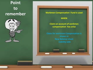 Point 
to 
remember Workmen Compensation Fund is used 
WHEN 
Claim on account of workmen 
compensation has arise 
Claim for workmen Compensation is 
shown in 
New Balance sheet 
Liability side 
 