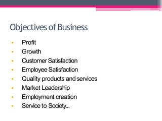 ObjectivesofBusiness
• Profit
• Growth
• Customer Satisfaction
• EmployeeSatisfaction
• Quality products andservices
• Market Leadership
• Employment creation
• Service to Society...
 