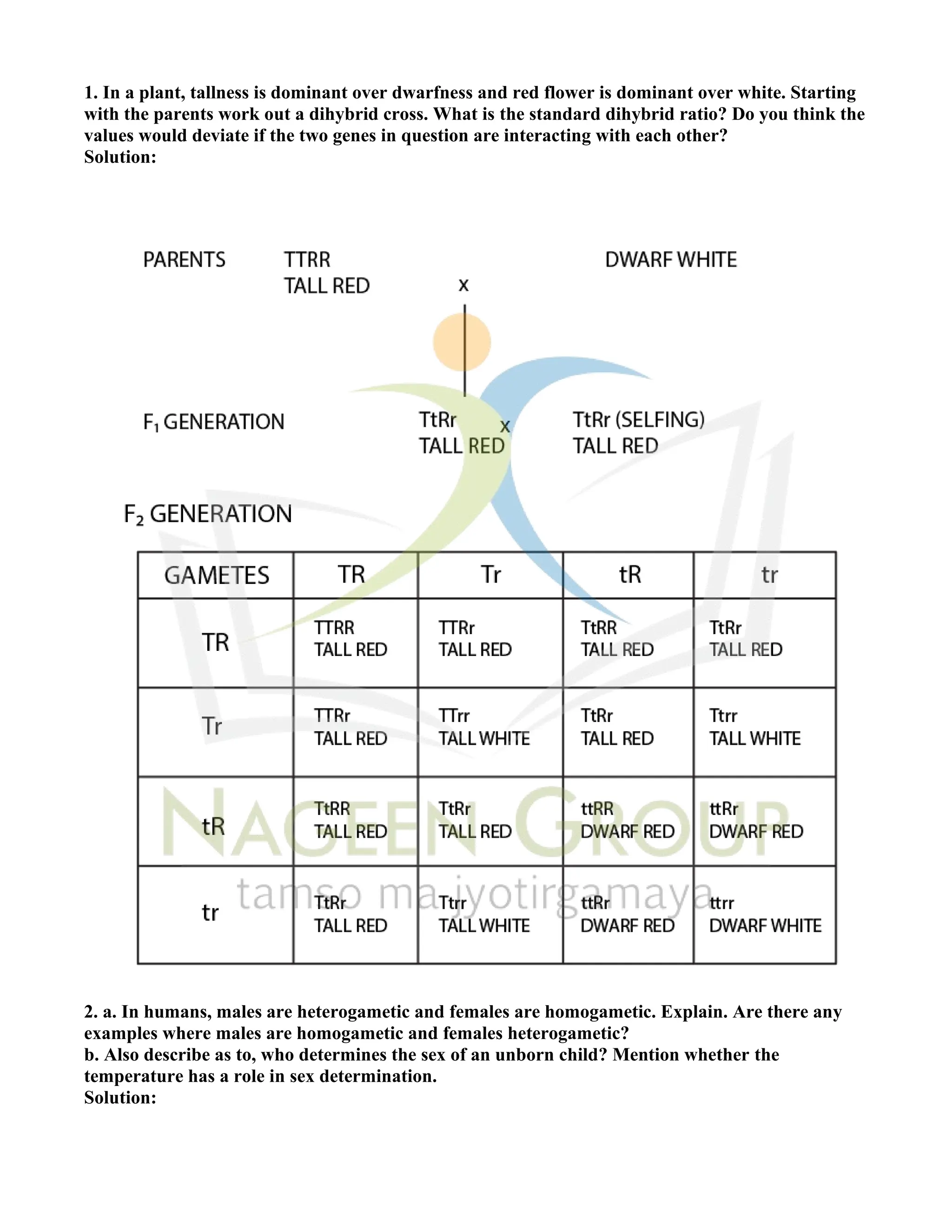1. In a plant, tallness is dominant over dwarfness and red flower is dominant over white. Starting
with the parents work out a dihybrid cross. What is the standard dihybrid ratio? Do you think the
values would deviate if the two genes in question are interacting with each other?
Solution:
2. a. In humans, males are heterogametic and females are homogametic. Explain. Are there any
examples where males are homogametic and females heterogametic?
b. Also describe as to, who determines the sex of an unborn child? Mention whether the
temperature has a role in sex determination.
Solution:
 