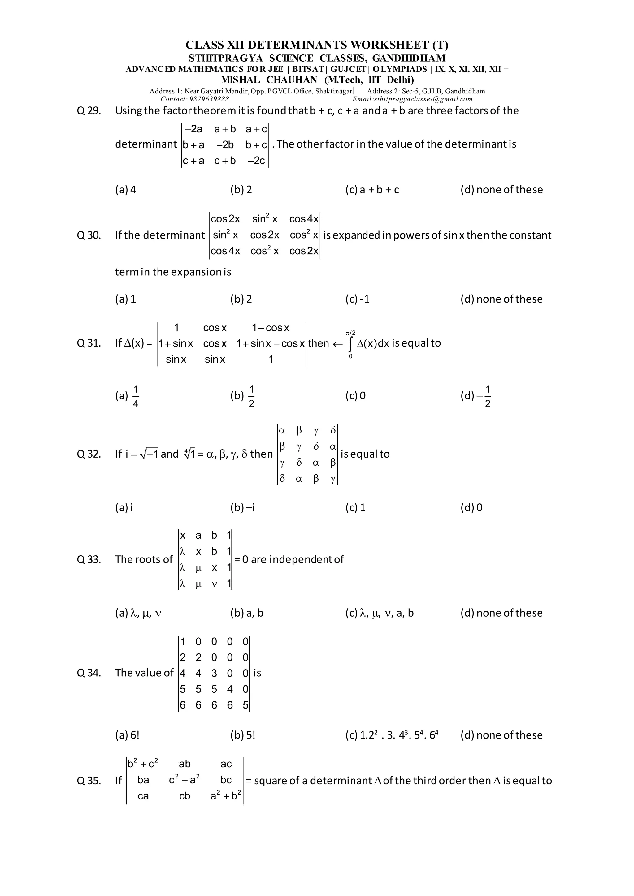 Class xii determinants revision worksheet (t) | DOCX | Education