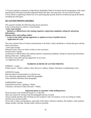 5.You have opened a restaurant in Uppal Road, Hyderabad. Draft an invitation for the inauguration of the same,
specifying the chief guest and other important details like date, time and venue. Do not exceed 50 words.
6.Your school is organizing a Book Fair on its sprawling play-ground. Draft an invitation giving all the details
including the chief guest.
Q2: LETTER WRITING (6MARKS)
This question includes the following long answer questions:
Letter writing based on verbal or visual stimulus
Letter types include
 Business or official letters (for making enquiries, registering complaints, asking for and giving
information,
placing orders and sending replies)
 Letters to the editor (giving suggestions or opinion on issues of public interest
 Application for a job
The most common form of written communication is the letter. Letters should have a format that goes with the
latest conventions.
Letter types include
Informal Letters-These are letters written to close associates.
Formal Letters include-
(a) business or official letters (for making enquiries, registering complaints, asking for and giving information,
placing orders and sending replies;
(b) Letters to the editor (giving suggestions on an issue);
(c) Application for a job.
MARKING SCHEME OF LETTER WRITING
FORMAT- 1 marks.
Proper Layout – Sender’s address, Date, Receiver’s address, Subject, Salutation, Complimentary close.
CONTENT-3marks
Relevant ideas to be presented in a coherent way.
Use connectors appropriately, indent the paragraphs.
There should be minimum three paragraphs.
EXPRESSION-2marks.
Grammatical accuracy, spellings-1 Marks.
Coherence, relevance of ideas and style- 1 Marks.
Important points to remember while drafting letters:
Write the letter in the full block format (i.e. to the left)
State your reason for writing in the first paragraph and stay on track.
Always include specifics that will help ease the recipient’s task. For instance, if you are writing to a bank,
mention your account number.
If you refer to other correspondence, quote date of the letter/s reference numbers, file numbers, order numbers,
cheque number with date. Include copies whenever possible.
35
 