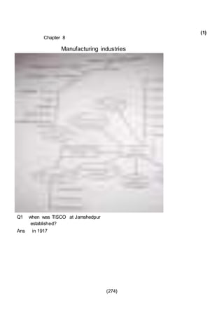 (274)
Chapter 8
Manufacturing industries
Q1 when was TISCO at Jamshedpur
established?
Ans in 1917
(1)
 