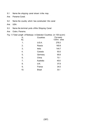 (307)
9.1 Name the shipping canal shown inthe map
Ans Panama Canal.
9.2 Name the country which has constructed this canal
Ans USA.
9.3 Name the terminal ports of this Shipping Canal
Ans Colon, Panama.
Fig. 1 O Total Length of Railways
SL
in Selected Countries
Countries
(in 100 sq km)
For every
No. 1 OO/km2 area
1. U.S.A. 278.3
2. Russia 160.8
3. India 144.7
4. Canada 93.5
5. Germany 90.8
6. China 70.1
7. Australia 40.0
8. U.K. 37.9
9. France 34.5
10. Brazil 30.1
 