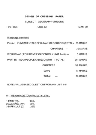 DESIGN OF QUESTION PAPER
SUBJECT: GEOGRAPHY(THEORY)
Time : 3 hrs Class-XII M.M.: 70
Weightage to content
Part-A : FUNDAMENTALS OF HUMAN GEOGRAPHY(TOTAL)- 35 MARKS
CHAPTERS -- 30 MARKS
WORLD MAP ( FOR IDENTIFICATIONONLY UNIT 1—5) --- 5 MARKS
PART-B : INDIA PEOPLE AND ECONOMY ( TOTAL) --- 35 MARKS
CHAPTERS 30 MARKS
MAPS 5 MARKS
TOTAL --- 70 MARKS
NOTE : VALUE BASED QUESTIONFROM ANY UNIT 1-11
III . WEIGHTAGE TO DIFFICULTYLEVEL
1.EASY (E)-- 20%
2.AVERAGE (AV) 60%
3.DIFFICULT (D) 20%
 