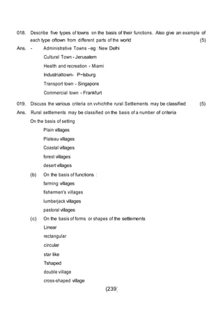 (239)
018. Describe five types of towns on the basis of their functions. Also give an example of
each type oftown from different parts of the world (5)
Ans. - Administrative Towns -eg : New Delhi
Cultural Town - Jerusalem
Health and recreation - Miami
lndustrialtown- P~tsburg
Transport town - Singapore
Commercial town - Frankfurt
019. Discuss the various criteria on vvhichthe rural Settlements may be classified (5)
Ans. Rural settlements may be classified on the basis of a number of criteria
On the basis of setting
Plain villages
Plateau villages
Coastal villages
forest villages
desert villages
(b) On the basis of functions :
farming villages
fishermen's villages
lumberjack villages
pastoral villages
(c) On the basis of forms or shapes of the settlements
Linear
rectangular
circular
star like
Tshaped
double village
cross-shaped village
 