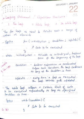 #BRUARY-
2022
1Dam
1 2 3
2om
5om
6pm
4
4
15
16 17 18 19 20 21 22 23 24 25 26 27
1.
7pm
Lhing
NoI8D
Synta
5
whese
6
to be
M
7 10
Syntox
Statement
11 12 13
The for loo wed itesate ove a Vnge
yalues elemenk
Condiion
The wbie Coofp
joo (initiabzehun
iniialishss
2. Wile loob
Cborciiom is true
Rebetiion Shucluses
Coce fo be exeluted
ujdateevey tine 'a
allowe
SATURDAY JANUARY
Vasiable s inihai3ed, bappert
once the beginoing f lhe loot
boolean eabretsin i evaluated
beboe each iteratim, tu lso Contines
eaeluled repeateclly a
evey tine 'a loop id exeCuted
Cestein
wie (Conclifon)
22
3. Do cwhile lonp
WK 04
(022 343)
long
block Code
peeified
SÚNDAY 23
2022
 