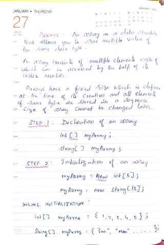 JANUARY " THURSDAY
27
WK 0S
(027-338 )
9 am
10 am
11 am
12 noon
1pm
2
pm
3 pm
4pm
5
pm
6 pm
7
pm
that
2022
ARRAYS
allows you
tiua sme clala tybe.
inclen
Args have a
An cUsr
STEP 2:
MI W
f ia
10 11 12 13 14
STEP 1: Declarobon
ibt CJ
24 25 26 27 28 29
ase Btored i
myAorag
INLINE (NITIALIZATION
Q
uch Ca be accesed by t belß b a
1
a Consu b mulbpb elemenk coch
Irihaliz abon
15
at h fime d a 3tahon and al element
e
Sane ye a deghene.
<iye hay Cannof be changel ate
mgArag
hew
MI W
3
0 31
JANUARY 2022
56
17 18 19 20 2 23
clata Ahuchie
Vale
an avay
Mon
8
hew int[5J;
int C1 nyAra ,2, B, 4,53
 