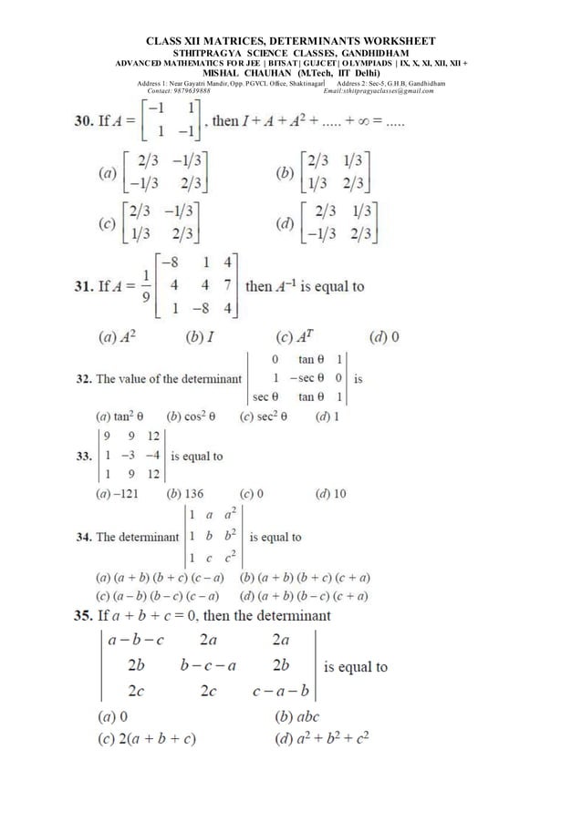 Class xii matrices, determinants worksheet 2 PDF