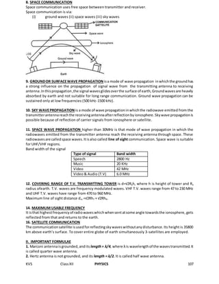 KVS ClassXII PHYSICS 107
8. SPACE COMMUNICATION
Space communication uses free space between transmitter and receiver.
Space communication is via:
(i) ground waves (ii) space waves (iii) sky waves
9. GROUNDOR SURFACEWAVE PROPAGATION isa mode of wave propagation inwhichthe groundhas
a strong influence on the propagation of signal wave from the transmitting antenna to receiving
antenna.Inthispropagation,the signal wavesglidesoverthe surface of earth,Groundwavesare heavily
absorbed by earth and not suitable for long range communication. Ground wave propagation can be
sustained only at low frequencies (500 kHz-1500 kHz).
10. SKY WAVEPROPAGATION is a mode of wave propagationinwhichthe radiowave emitted from the
transmitterantennareachthe receivingantennaafterreflectionbyionosphere.Skywave propagationis
possible because of reflection of carrier signals from ionosphere or satellite.
11. SPACE WAVE PROPAGATION higher than 30MHz is that mode of wave propagation in which the
radiowaves emitted from the transmitter antenna reach the receiving antenna through space. These
radiowavesare calledspace waves.Itisalso called line of sight communication. Space wave is suitable
for UHF/VHF regions.
Band width of the signal
Type of signal Band width
Speech 2800 Hz
Music 20 KHz
Video 42 MHz
Video & Audio (T.V) 6.0 MHz
12. COVERING RANGE OF T.V. TRANSMITTING TOWER is d=√2Reh, where h is height of tower and Re
radius ofearth. T.V. waves are frequency modulated waves. VHF T.V. waves range from 47 to 230 MHz
and UHF T.V. waves have range from 470 to 960 MHz.
Maximum line of sight distance dm =√2RhT + √2RhR.
14. MAXIMUM USABLE FREQUENCY
It isthat highestfrequencyof radiowaveswhichwhensentatsome angle towardsthe ionosphere, gets
reflected from that and returns to the earth.
16. SATELLITE COMMUNICATION
The communicationsatellite isusedforreflectingskywaveswithoutanydisturbance.Its height is 35800
km above earth’s surface. To cover entire globe of earth simultaneously 3-satellites are employed.
II. IMPORTANT FORMULAE
1. Marconi antennaisgrounded,andits length= λ/4, where λis wavelengthof the wavestransmitted.It
is called quarter wave antenna.
2. Hertz antenna is not grounded, and its length = λ/2. It is called half wave antenna.
 