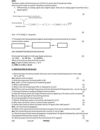 KVS ClassXII PHYSICS 110
HINT:
Two basic modes of transmission are (i) Point-to-point and (ii) broad cast mode.
Point-to-point mode is used for Telephonic communication.
5. Differentiate an analog signal and a digital signal. How can an analog signal converted into a
digital signal?
6.
(2)
(2)
Hint: X= IF STAGE, Y = Amplifier
7.* Complete the following block diagram depicting the essential elements of a basic
communication system. (3)
ANS:TRANSMITTER,MEDIUMAND RECIEVER
8.Calculate the length of a half wave dipole antenna at (3)
(a) 1 MHz (b) 100 MHz (c) 1000MHz
What conclusion you draw from the results?
Hint: Length of dipole antenna, L = λ/ 2
(a) 150m (b) 1.5m (c) 15 cm
II. PROPAGATION OF EM WAVES
1. Name the types of communication that uses carrier waves having frequencies in the range
1012
to 1016
Hz.
Ans. Optical communication (1)
2. Write the expression for band width in FM. (1)
Ans. width = 2 times frequency of modulating signal
3. What is attenuation? (1)
4. What is the role of band pass filter in modulation circuit? (1)
Ans.If filters out low and high frequencies and only allow band of frequencies (wc – wm) to (wc+wm)
5. Distinguish between analog and digital communication. (1)
6. State the facts by which the range of transmission of signals by a TV tower can be increased?
Ans. by increasing height of transmitting antenna (1)
by increasing height of receiving antenna
7. What % of AMwave power is carried by side bands for m=1? (1)
8. Why moon cannot be used as a communicate satellite? (1)
9. Explain why medium waves are better parries of signals than radio waves? (1)
Hint: Uni-directional propagation.
10. What is the requirement of transmitting microwaves from one to another on the earth?
Ans: The transmitting and receiving antennas must be in line of sight. (1)
11. Name the type of radio wavespropagationinvolvedwhenTV signals broadcast by a tall antenna are
intercepted directly by the receiver antenna. (1)
12. Why sky waves are not used for the transmission of TV signals? (1)
 