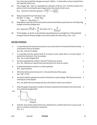 KVS ClassXII PHYSICS 12
ELECTRIC POTENTIAL
Ans:Force due to boththe changesare equal = KQ2
& r
 to each other so the resultant force
will make 45o
with X-axis.
23. Two charges 5µC, -3µC are separated by a distance of 40 cm in air. Find the location of a
point on the line joining the two charges where the electric field is zero.
Ans: Solve for x from the equation: k
5𝑋10−6
𝑥2
= k
3𝑋10−6
(40−𝑥)2
3
24. Deduce Coulomb’s law from Gauss’ law.
Ans:∅=E ⃗.S ⃗=Q/ε0 E×4πr2
=Q/ε0
F=Eq0∴F=〖Qqo/(4πε0 r2
)
3
25. State Gauss’slaw anduse thislaw to derive the electricfiledata pointfroman infinitelylong
straight uniformly charged wire. 3
Ans: Statement . qE ds

  Derivation for E =
2 r


26. Three charges –q, Q and –q are placedat equal distancesona straightline.If the potential
energyof systemof these chargesiszero,thenwhatis the ratioof Q:q [ Ans: 1:4 ] 3
1. Is itpossible thatthe potential atapointis zero,while there isfinite electricfieldintensity
at that point? Give an example.
1
Ans: Yes , Centre of a dipole
2. Is it possible that the electric field 𝐸⃗⃗ at a point is zero, while there is a finite electric
potential at that point. Give an example.
1
Ans: Yes, Inside charged shell
3. Can two equipotential surfaces intersect? Justify your answer. 1
Ans: No. Otherwise it would mean two directions for force at a point.
4. Is potential gradient a vector or a scalar quantity? 1
Ans: Scalar quantity
5. Write the dimensional formula of ‘є0 ‘the permittivity of free space. 1
Ans: [M-1
L-3
T4
A2
]
6. An electricdipoleisplacedinan electric field due to a point charge. Will there be a force
and torque on the dipole?
1
Ans: Yes, Both force and torque will act as the Electric Field is non uniform.
7. Draw the graph showingthe variation of electric potential with distance from the centre
of a uniformly charged shell.
1
Ans
8. Find the ratio of the electric field lines starting from a proton kept first in vacuum and
then in a medium of dielectric constant 6.
1
Ans: 6 : 1
r
V
Distance
 