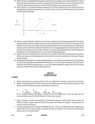 KVS ClassXII PHYSICS 125
12. ObtainEinstein’sphotoelectricequation. Explain how it enables us to understand the (i) linear
dependence of the maximumkinetic energy of the emitted electrons, on the frequency of the
incident radiation & (ii) existence of a threshold frequency for a given photo emitter.
13. Given below is the graph between frequency (v) of the incident light and maximum kinetic
energy(E) of emitted photoelectrons. Find the values of: (i) threshold frequency and (ii) work
function from the graph.
14. Sketch a graph between frequency of incident radiations and stopping potential for a given
photosensitivematerials.Whatinformationcanbe obtained from the value of intercept on the
potential axis?A source of lightof frequencygreaterthatthe thresholdfrequency is replaced at
a distance of 1 m fromthe cathode of a photocell.The stoppingpotentialisfoundtobe V.If the
distance of the lightsource fromthe cathode is reduced,explaingivingreason,whatchange you
will observe in the (I0 photoelectric current & (ii) stopping potential.
15. Explain the laws of photoelectric emission on the basis of Einstein’s photoelectric equation.
Write one feature of the photoelectric effect which cannot be explained on the basis of wave
theory of light.
16. Draw graphs showingthe variationof photoelectriccurrentwith anode potential of a photocell
for (i) the same frequencybutdifferentintensitiesI1>I2>I3 of incident radiation, & (ii) the same
intensity but different frequencies v1> v2> v3 of incident radiation. Explain why the saturation
current is independent of the anode potential?
UNIT VIII
ATOMS & NUCLEI
2 MARKS
1. Define disintegration constant and mean life of a radioactive substance. Give the unit of each.
2. What isimpact parameter? What is the value of impact parameter for a head on collision? The
sequence of the stepwise decays of radioactive nucleus is:
α β α α
D D1 D2 D3 D4.
If the nucleon number and atomic number for D2 are respectively 176 & 71, what are the
corresponding values for D and D4 nuclei? Justify your answer.
3. Draw a diagram to show the variation of binding energy per nucleon with mass number for
different nuclei. Explain with the help of this plot the release of energy in the processes of
nuclear fission and fusion?
4. The value of ground state energyof hydrogenatomis: -13.6 eV;(i) What does the negative sign
signify? & (ii) How much energy is required to take an electron in this atom from the ground
state to the first excited state?
 