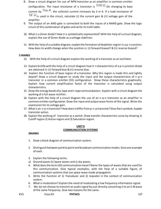 KVS ClassXII PHYSICS 127
8. Draw a circuit diagram for use of NPN transistor as an amplifier in common emitter
configuration. The input resistance of a transistor is On changing its base
current by , the collector current increases by 2 m A. If a load resistance of
is used in the circuit, calculate (i) the current gain & (ii) voltage gain of the
amplifier
9. The output of an AND gate is connected to both the inputs of a NAND gate. Draw the logic
circuit of this combination of gates and write its truth table.
10. What is a Zener diode? How it is symbolically represented? With the help of a circuit diagram,
explain the use of Zener diode as a voltage stabilizer.
11. Withthe helpof a suitable diagram, explainthe formationof depletion region in a p-n junction.
How does its width change when the junction is: (i) forward biased? & (ii) reverse biased?
5 MARKS
12. With the help of a circuit diagram explain the working of a transistor as an oscillator.
13. Explainbrieflywiththe help of a circuit diagram how V-I characteristics of a p-n junction diode
are obtained in: (i) forward bias & (ii) reverse bias.
14. Explain the function of base region of a transistor. Why this region is made thin and lightly
doped? Draw a circuit diagram to study the input and the output characteristics of n-p-n
transistor in a common emitter (CE) configuration. Show these characteristics graphically.
Explain how current amplification factor of the transistor is calculated using output
characteristics.
15. Draw the energybandsof p-type andn-type semiconductors. Explain with a circuit diagram the
working of a full wave rectifier.
16. Explain with the help of a circuit diagram the use of an n-p-n transistor as an amplifier in
commonemitterconfiguration.Draw the input and output wave forms of the signal. Write the
expression for its voltage gain.
17. What isan n-p-ntransistor?How doesitdifferfromp-n-ptransistor?Give theirsymbols.Explain
transistor action.
18. Explain the working of transistor as a switch. Draw transfer characteristic curve by showing 1)
Cutoff region 2) Active region and 3) Saturation region.
UNIT X
COMMUNICATION SYSTEMS
2MARKS
1. Draw a block diagram of communication system.
2. Distinguishbetweenpointtopointandbroadcast communicationmodes.Give one example
of each.
3. Explain the following terms.
a) Ground waves b) Space waves and c) sky waves.
4. What doesthe termLOS communicationmean?Name the types of waves that are used for
this communication. Give typical examples, with the help of a suitable figure, of
communication systems that use space wave mode propagation.
5. Write the function of 1) Transducer and 2) repeater in the context of communication
system.
6. What is modulation? Explain the need of modulating a low frequency information signal.
7. We do not choose to transmit an audio signal by just directly converting it to an E.Mwave
of the same frequency. Give two reasons for the same.
 
