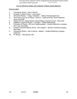 KVS ClassXII PHYSICS 178
future generation,takinganinitiative,bringingawarenessamongthe studentsandthe
society) Refer NCERT text book) *************
List of reference books and websites- Physics Study Material
Reference Book
1. Conceptual Physics : Paul G Hewitt
2. Principles of Modern Physics : Arthur Beiser
3. University Physics : Young, Freedman : Addison-WeslyLongman,Inc
4. The Feynman Lectures on Physics: Feynman, Leighton& Sands : Narora Publishing
House, New Delhi.
5. Physics Vol I & II : Robert Resnick, David Halliday & Kenreth S Krane : Wiley India
6. Problems in General Physics : I E Irodov : Global Publications
7. Principles of Physics : Brij Lal & Subbramanyam : Eurasia Publication company
(Pvt.) Ltd, New Delhi
8. Schaum’s Solved Problems Series : Alvin Hulpern : McGraw hill Book Company,
New Delhi
9. Conceptual Physics : Paul G Hewitt : Addison – Wesley Publishing Company,
California
10. IIT Physics – Tata McGraw Hill
 