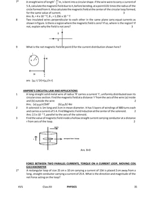 KVS ClassXII PHYSICS 35
7* A straightwire of length′
𝜋
2
′𝑚,isbentintoa circularshape.if the wire were tocarry a currentof
5 A,calculate the magneticfielddue toit,before bending,atapoint0.01 timesthe radiusof the
circle formedfromit.Alsocalculate the magneticfieldatthe centerof the circular loop formed,
for the same value of current. 3
Ans: B1 = 4 x 10 -4
T, B 2 = 1.256 x 10 -5
T
8 Two insulated wires perpendicular to each other in the same plane carry equal currents as
showninfigure.Isthere a regionwhere the magneticfieldis zero? If so, where is the region? If
not, explain why the field is not zero? 3
I
I
9 What is the net magnetic field at point 0 for the current distribution shown here?
ans (µ0 I / 2r)=(µoi/π r)
AMPERE’S CIRCUITAL LAW AND APPLICATIONS
1 A long straight solid metal wire of radius ‘R’ carries a current ‘I’, uniformly distributed over its
circularcross section.Findthe magneticfieldata distance ‘r’fromthe axisof the wire (a) inside
and (b) outside the wire 2
Ans; (a) µ0µrIr/2πR2
(b) µ02I/ 4πr
2 A solenoid is 1m long and 3 cm in mean diameter. It has 5 layers of windings of 800 turns each
and carriesa current of 5 A.FindMagnetic FieldInductionatthe centerof the solenoid. 2
Ans: 2.5 x 10 -2
T, parallel to the axis of the solenoid.
3 Findthe value of magneticfieldinside ahollow straight current carrying conductor at a distance
r from axis of the loop. 2
Ans B=0
FORCE BETWEEN TWO PARALLEL CURRENTS, TORQUE ON A CURRENT LOOP, MOVING COIL
GALVANOMETER
1* A rectangular loop of size 25 cm x 10 cm carrying a current of 15A is placed 2 cm away from a
long, straight conductor carrying a current of 25 A. What is the direction and magnitude of the
net Force acting on the loop?
 