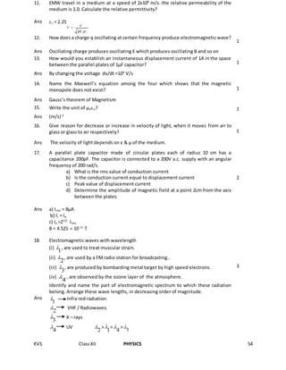 KVS ClassXII PHYSICS 54
11. EMW travel in a medium at a speed of 2x108
m/s. the relative permeability of the
medium is 1.0. Calculate the relative permittivity?
Ans r = 2.25
rr
C
V
 

12. How does a charge q oscillating at certain frequency produce electromagnetic wave?
1
Ans Oscillating charge produces oscillating E which produces oscillating B and so on
13. How would you establish an instantaneous displacement current of 1A in the space
between the parallel plates of 1µF capacitor? 1
Ans By changing the voltage dv/dt =106
V/s
14. Name the Maxwell’s equation among the four which shows that the magnetic
monopole does not exist? 1
Ans Gauss’s theorem of Magnetism
15. Write the unit of µoo? 1
Ans (m/s)-2
16. Give reason for decrease or increase in velocity of light, when it moves from air to
glass or glass to air respectively? 1
Ans The velocity of light depends on ε & μ of the medium.
17. A parallel plate capacitor made of circular plates each of radius 10 cm has a
capacitance 200pF. The capacitor is connected to a 200V a.c. supply with an angular
frequency of 200 rad/s.
a) What is the rms value of conduction current
b) Is the conduction current equal to displacement current
c) Peak value of displacement current
d) Determine the amplitude of magnetic field at a point 2cm from the axis
between the plates
2
Ans a) Irms = 8µA
b) Ic = Id
c) Io =21/2
Irms
B = 4.525  10-12
T
18. Electromagnetic waves with wavelength
(i)
1
 , are used to treat muscular strain.
(ii)
2
 , are used by a FM radio station for broadcasting..
(iii)
3
 , are produced by bombarding metal target by high speed electrons.
(iv)
4
 , are observed by the ozone layer of the atmosphere.
Identify and name the part of electromagnetic spectrum to which these radiation
belong. Arrange these wave lengths, in decreasing order of magnitude.
3
Ans
1
 Infra red radiation.
2
 VHF / Radiowaves.
3
 X – rays
4
 UV
2
 >
1
 >
4
 >
3
 