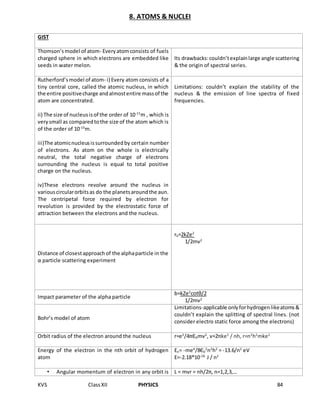 KVS ClassXII PHYSICS 84
8. ATOMS & NUCLEI
GIST
Thomson’smodel of atom- Everyatomconsists of fuels
charged sphere in which electrons are embedded like
seeds in water melon.
Its drawbacks:couldn’texplainlarge angle scattering
& the origin of spectral series.
Rutherford’smodel of atom- i) Every atom consists of a
tiny central core, called the atomic nucleus, in which
the entire positivecharge andalmostentire massof the
atom are concentrated.
ii) The size of nucleusisof the order of 10-15
m , which is
verysmall as comparedtothe size of the atom which is
of the order of 10-10
m.
iii)The atomicnucleusissurroundedby certain number
of electrons. As atom on the whole is electrically
neutral, the total negative charge of electrons
surrounding the nucleus is equal to total positive
charge on the nucleus.
iv)These electrons revolve around the nucleus in
variouscircularorbitsas do the planetsaroundthe aun.
The centripetal force required by electron for
revolution is provided by the electrostatic force of
attraction between the electrons and the nucleus.
Limitations: couldn’t explain the stability of the
nucleus & the emission of line spectra of fixed
frequencies.
Distance of closestapproachof the alphaparticle in the
α particle scattering experiment
r0=2kZe2
1/2mv2
Impact parameter of the alpha particle
b=kZe2
cotθ/2
1/2mv2
Bohr’s model of atom
Limitations-applicable onlyforhydrogenlikeatoms&
couldn’t explain the splitting of spectral lines. (not
consider electro static force among the electrons)
Orbit radius of the electron around the nucleus r=e2
/4πЄ0mv2
, v=2πke2
/ nh, r=n2
h2
mke2
Energy of the electron in the nth orbit of hydrogen
atom
En= -me4
/8Є0
2
n2
h2
= -13.6/n2
eV
E=-2.18*10-18
J / n2
• Angular momentum of electron in any orbit is L = mvr = nh/2π, n=1,2,3,…
 