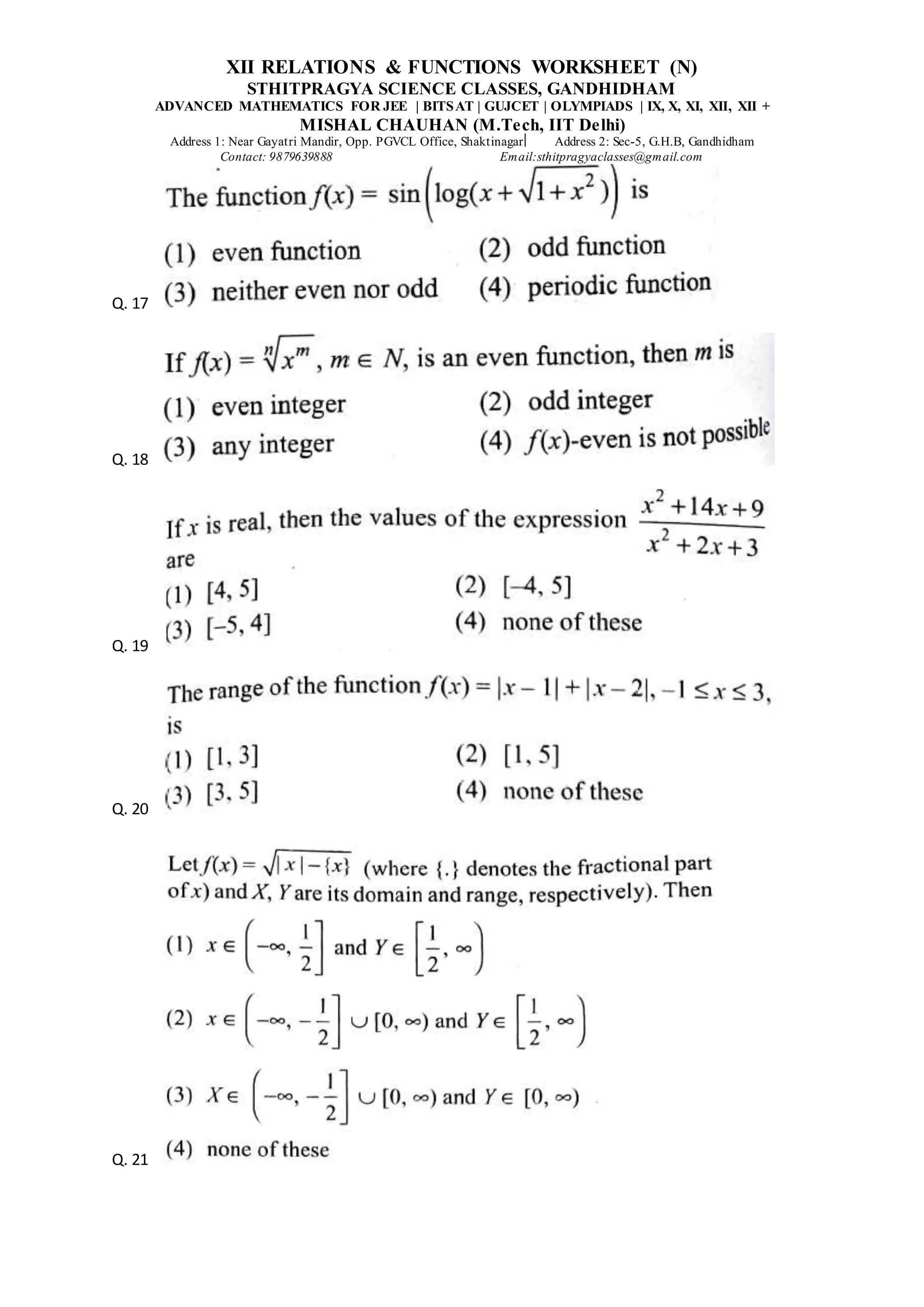 Class xii Relations and Functions (n) worksheet | PDF