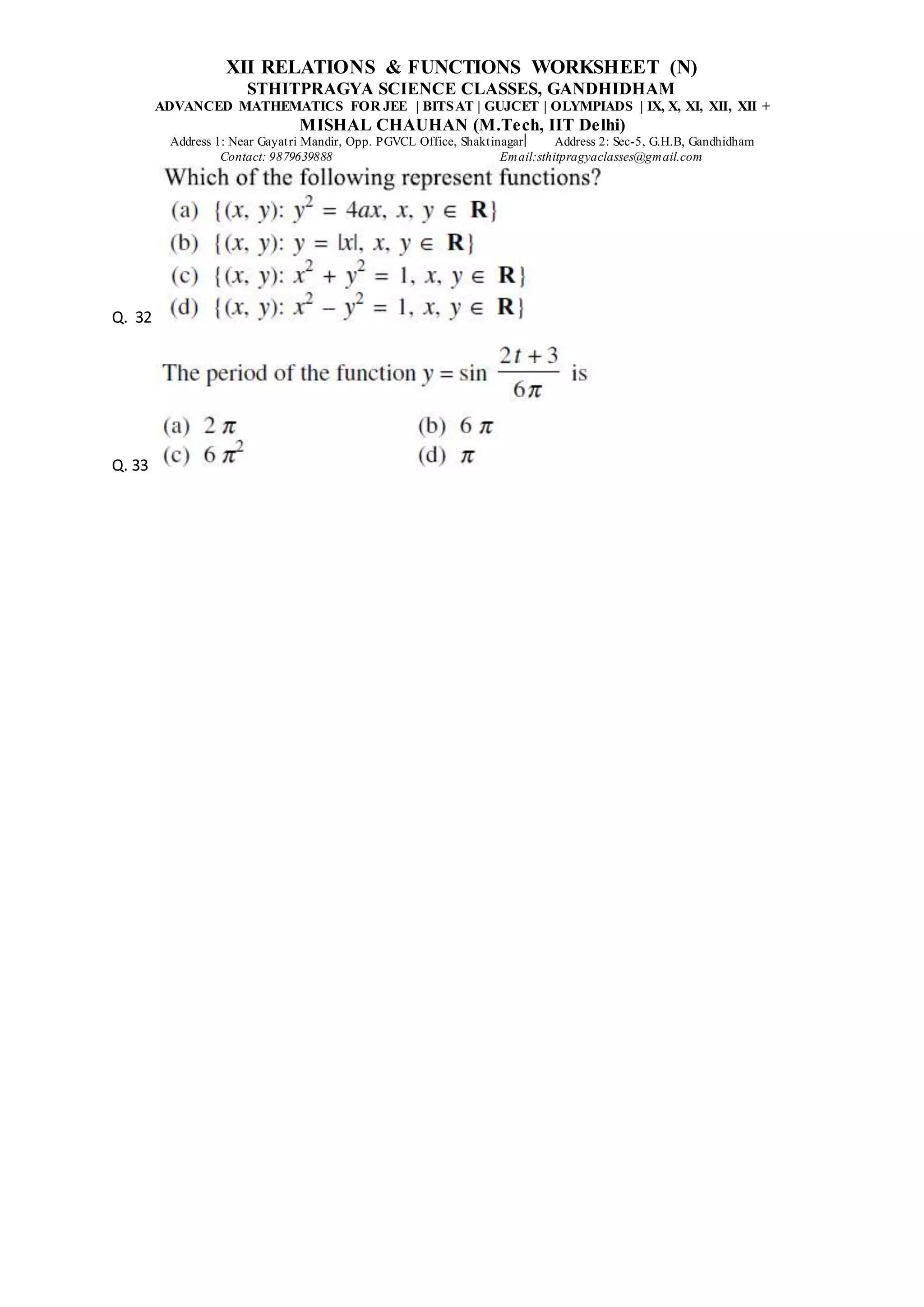 Class xii Relations and Functions (n) worksheet | PDF