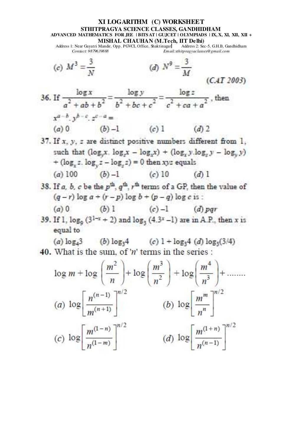 Class xi logarithm (c) worksheet