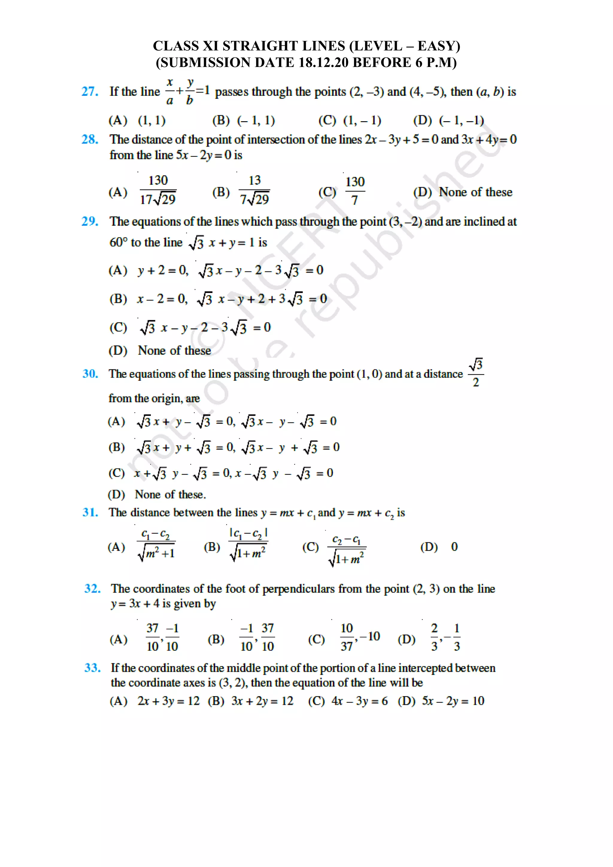 CLASS XI STRAIGHT LINES (LEVEL – EASY)
(SUBMISSION DATE 18.12.20 BEFORE 6 P.M)