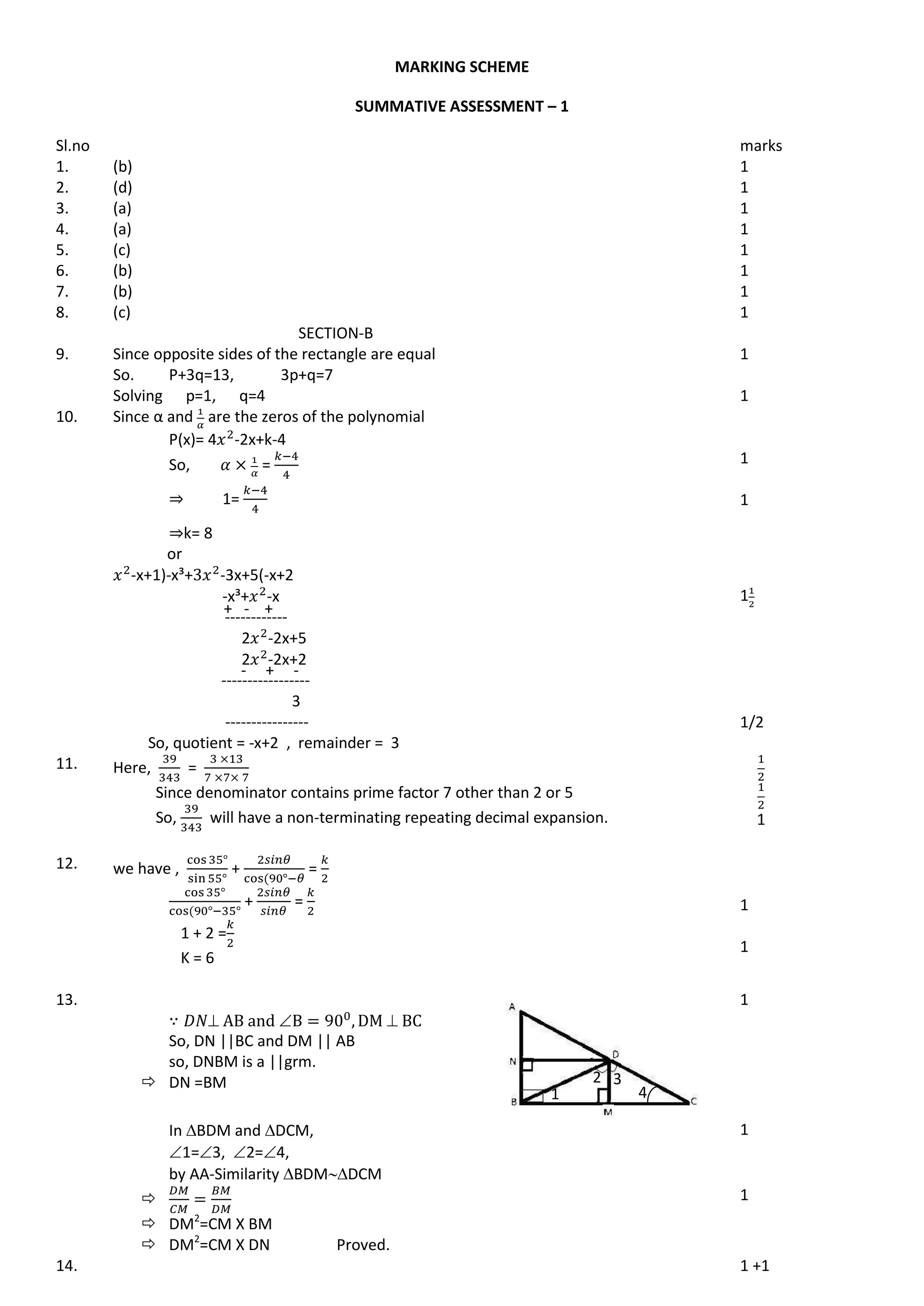 MARKING SCHEME
SUMMATIVE ASSESSMENT – 1
Sl.no marks
1. (b) 1
2. (d) 1
3. (a) 1
4. (a) 1
5. (c) 1
6. (b) 1
7. (b) 1
8. (c) 1
SECTION-B
9. Since opposite sides of the rectangle are equal
So. P+3q=13, 3p+q=7
1
Solving p=1, q=4 1
10. Since α and are the zeros of the polynomial
P(x)= 4 -2x+k-4
So, =
⇒ 1=
⇒k= 8
1
1
or
-x+1)-x³+ -3x+5(-x+2
-x³+ -x
------------
2 -2x+5
2 -2x+2
-----------------
3
----------------
So, quotient = -x+2 , remainder = 3
1
1/2
11. Here, =
Since denominator contains prime factor 7 other than 2 or 5
So, will have a non-terminating repeating decimal expansion. 1
12. we have , + =
+ =
1 + 2 =
K = 6
1
1
13.
  
So, DN ||BC and DM || AB
so, DNBM is a ||grm.
 DN =BM
1
In BDM and DCM,
1=3, 2=4,
by AA-Similarity BDMDCM
1

 DM2
=CM X BM
 DM2
=CM X DN Proved.
1
14. 1 +1
1
2 3
+ - +
- + -
4
 