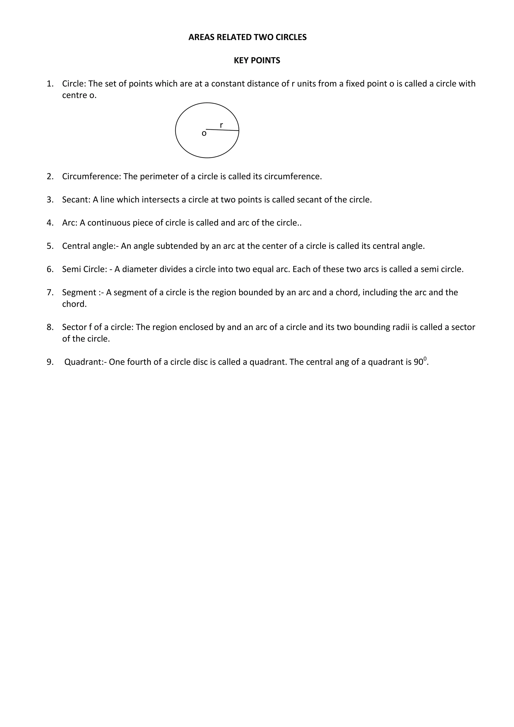 AREAS RELATED TWO CIRCLES
KEY POINTS
1. Circle: The set of points which are at a constant distance of r units from a fixed point o is called a circle with
centre o.
R
2. Circumference: The perimeter of a circle is called its circumference.
3. Secant: A line which intersects a circle at two points is called secant of the circle.
4. Arc: A continuous piece of circle is called and arc of the circle..
5. Central angle:- An angle subtended by an arc at the center of a circle is called its central angle.
6. Semi Circle: - A diameter divides a circle into two equal arc. Each of these two arcs is called a semi circle.
7. Segment :- A segment of a circle is the region bounded by an arc and a chord, including the arc and the
chord.
8. Sector f of a circle: The region enclosed by and an arc of a circle and its two bounding radii is called a sector
of the circle.
9. Quadrant:- One fourth of a circle disc is called a quadrant. The central ang of a quadrant is 900
.
r
o
 
