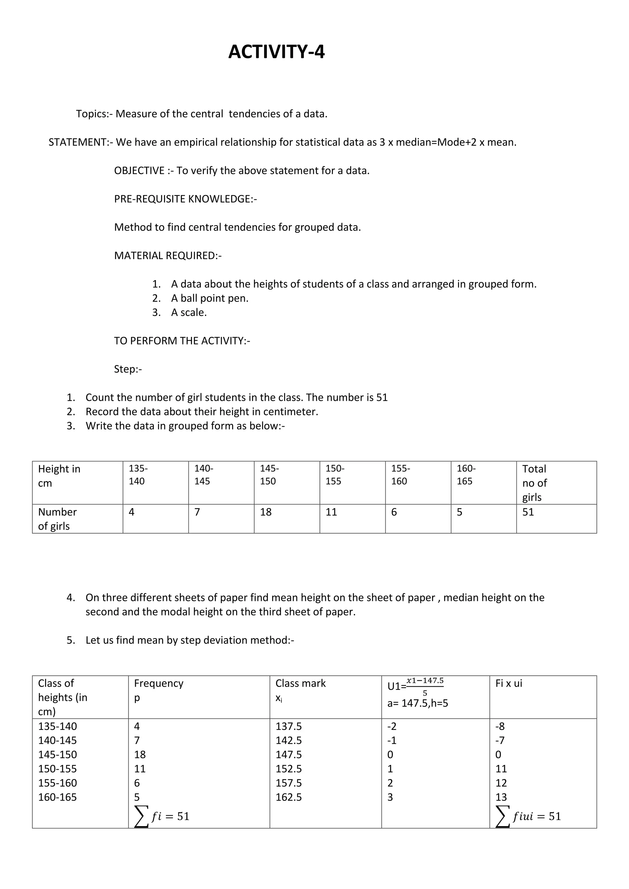 ACTIVITY-4
Topics:- Measure of the central tendencies of a data.
STATEMENT:- We have an empirical relationship for statistical data as 3 x median=Mode+2 x mean.
OBJECTIVE :- To verify the above statement for a data.
PRE-REQUISITE KNOWLEDGE:-
Method to find central tendencies for grouped data.
MATERIAL REQUIRED:-
1. A data about the heights of students of a class and arranged in grouped form.
2. A ball point pen.
3. A scale.
TO PERFORM THE ACTIVITY:-
Step:-
1. Count the number of girl students in the class. The number is 51
2. Record the data about their height in centimeter.
3. Write the data in grouped form as below:-
Height in
cm
135-
140
140-
145
145-
150
150-
155
155-
160
160-
165
Total
no of
girls
Number
of girls
4 7 18 11 6 5 51
4. On three different sheets of paper find mean height on the sheet of paper , median height on the
second and the modal height on the third sheet of paper.
5. Let us find mean by step deviation method:-
Class of
heights (in
cm)
Frequency
p
Class mark
xi
U1=
a= 147.5,h=5
Fi x ui
135-140
140-145
145-150
150-155
155-160
160-165
4
7
18
11
6
5
∑
137.5
142.5
147.5
152.5
157.5
162.5
-2
-1
0
1
2
3
-8
-7
0
11
12
13
∑
 