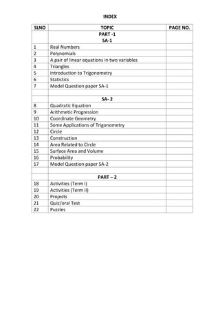 INDEX
SLNO TOPIC PAGE NO.
PART -1
SA-1
1 Real Numbers
2 Polynomials
3 A pair of linear equations in two variables
4 Triangles
5 Introduction to Trigonometry
6 Statistics
7 Model Question paper SA-1
SA- 2
8 Quadratic Equation
9 Arithmetic Progression
10 Coordinate Geometry
11 Some Applications of Trigonometry
12 Circle
13 Construction
14 Area Related to Circle
15 Surface Area and Volume
16 Probability
17 Model Question paper SA-2
PART – 2
18 Activities (Term I)
19 Activities (Term II)
20 Projects
21 Quiz/oral Test
22 Puzzles
 