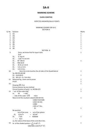 SA-II
MARKING SCHEME
CLASS-X (MATHS)
EXPECTED ANSWERS/VALUE POINTS
MARKING SCHEME FOR SA-2
SECTION-A
Q. No. Solution Marks
1. (C) 1
2. (D) 1
3. (A) 1
4. (C) 1
5. (B) 1
6. (B) 1
7. (C) 1
8. (B) 1
SECTION - B
9. Since, we know that for equal roots
D=0
Or, b2
-4ac=0
Or, (-2k)2
-4 x kx 6=0
1
Or , 4k2
-24k=0
Or, 4k(k-6)=0
Or, 4k=0, or k-6=0
Or, k=0, or k=6
Or, k=0, 6 Ans.
1
10. Here the circle touches the all sides of the Quadrilateral
So, AB+CD=AD+BC
1
Or, 6+8=AD+9
Or, AD=14 – 9 = 5cm Ans.
1
11. Required Fig., Given and to prove 1
Proof: 1
12.
Drawing ̅̅̅̅=7cm
Correct division by any method
1
Correct location of point i.e; AP/AB=3/5 1
13. vol. of the cube=side3
or, 64 = side3
 side of the cube= √ =4cm
1
Now S.A of the resultant cuboid=2(lb+bh+hl)
=2(8x4+4x4+4x8)
=2(32+16+32)
=2(80)
=160 cm2
Ans.
1
Or
By question
Vol.of the cone = vol.of the sphere
Or, 1/3r2
h = 4/3R3
1
Or, r2
x32 = 4x8x8x8
 r = 8cm
so, the radius of the base of the cone=8cm Ans.
1
14. Ar. of the shaded portion =

X (R2
-r2
)
=(60/360) x (22/7) (72
-42
)
1
 
