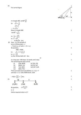 19.
For correct figure.
1
In triangle ABC, tan600
Or √
√ =
h =√
1
Now in triangle ABD
tan300
=
or,
√
√
or,
 h=20√ m Ans.
1
20 Here , no. Of red balls=5
let no. Of blue balls =
1
By question,
P(B) = 2P(R)
or, ( )
1
or,
so, No. Of blue balls=10 Ans.
1
or
In a leap year =366 days= 52 weeks and 2 days
The remaining two days can be
(i) SUN, MON (v) THU, FRI
(ii) MON, TUE (vi) FRI, SAT
(iii) TUE, WED (vii) SAT, SUN
(iv) WED, THU
1
There are total seven possibilities i.e. n (s) = 7
and n(E) = 2 i.e. SUN, MON & SAT, SUN
1
P(E) Ans. 1
21. 1
By question, -1= 1
k =
Hence required ration is 2:7
1
 