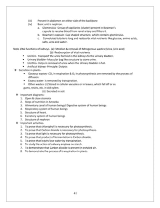 41
(iii) Present in abdomen on either side of the backbone
(iv) Basic unit is nephron.
a. Glomerulus- Group of capillaries (cluster) present in Bowman’s
capsule to receive blood from renal artery and filters it.
b. Bowman’s capsule- Cup shaped structure, which contains glomerulus.
c. Convoluted tubule-is long and reabsorbs vital nutrients like glucose, amino acids,
salts, urea and water.
Note-Vital functions of kidneys- (a) Filtration & removal of Nitrogenous wastes (Urea ,Uric acid)
(b) Reabsorption of vital nutrients
 Ureters- Transport the urine formed in the kidneys to the urinary bladder.
 Urinary bladder- Muscular bag like structure to store urine.
 Urethra- Helps in removal of urine when the Urinary bladder is full.
 Artificial kidney- Principle: Dialysis
 Excretion in plants-
 Gaseous wastes- CO2 in respiration & O2 in photosynthesis are removed by the process of
diffusion.
 Excess water- is removed by transpiration.
 Other wastes- (i) Stored in cellular vacuoles or in leaves, which fall off or as
gums, resins, etc. in old xylem.
(ii) Excreted in soil.
 Important diagrams-
1. Open & close stomata
2. Steps of nutrition in Amoeba
3. Alimentary canal of human beings/ Digestive system of human beings
4. Respiratory system of human beings
5. Structure of heart.
6. Excretory system of human beings
7. Structure of nephron
 Important activities-
1. To prove that chlorophyll is necessary for photosynthesis.
2. To prove that Carbon dioxide is necessary for photosynthesis.
3. To prove that light is necessary for photosynthesis.
4. To prove that product of fermentation is Carbon dioxide.
5. To prove that leaves lose water by transpiration.
6. To study the action of salivary amylase on starch.
7. To demonstrate that Carbon dioxide is present in exhaled air.
8. To demonstrate the process of transpiration in plants.
 
