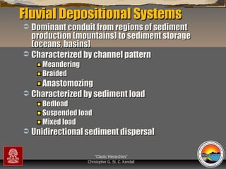 Fluvial Depositional Systems

Dominant conduit from regions of sediment
production (mountains) to sediment storage
(oceans, basins)
 Characterized by channel pattern


Meandering
Braided

Anastomozing
 Characterized by sediment load
Bedload
Suspended load
Mixed load



Unidirectional sediment dispersal
“Clastic Hierarchies”
Christopher G. St. C. Kendall

 