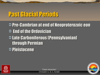 Past Glacial Periods
 Pre-Cambrian at end of Neoproterozoic eon

End of the Ordovician
 Late Carboniferous (Pennsylvanian]
through Permian
 Pleistocene


“Clastic Hierarchies”
Christopher G. St. C. Kendall

 